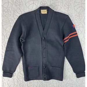 VTG 1950s Dehen University Letterman Cardigan Sweater Wool‎ Navy Orange USA S/36